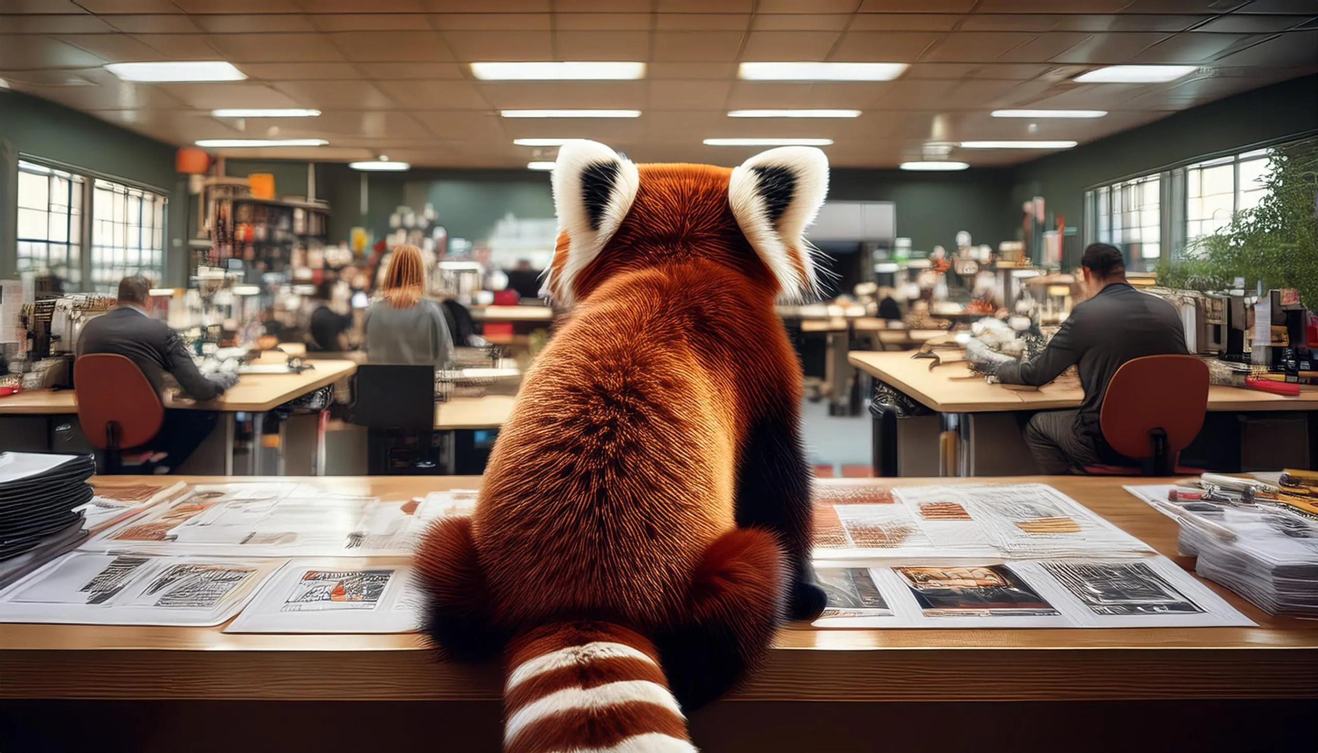 A red panda sits on a table, observing busy office workers