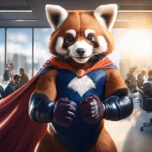 Reputable red panda poses confidently in a busy office setting