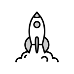 A stylized rocket is launching upward with a circular flame at its base