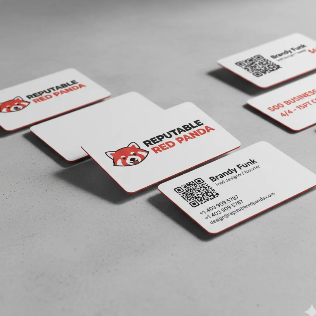 Several business cards with a red panda logo and contact information are scattered on a surface