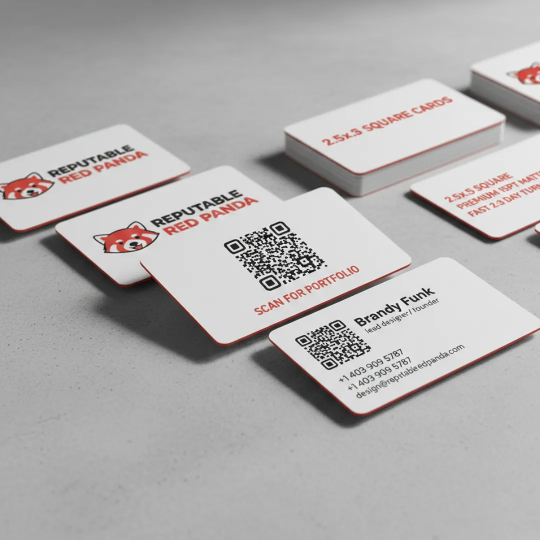 Business cards are displayed at various angles, featuring a logo and QR code