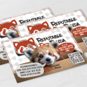 Three business cards featuring a red panda graphic and playful design elements