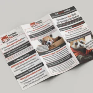 A folded brochure features red panda images alongside informative text and services offered
