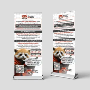 Two retractable banners feature a red panda and promotional text