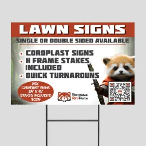 A vibrant advertisement promotes lawn signs with details on materials and pricing