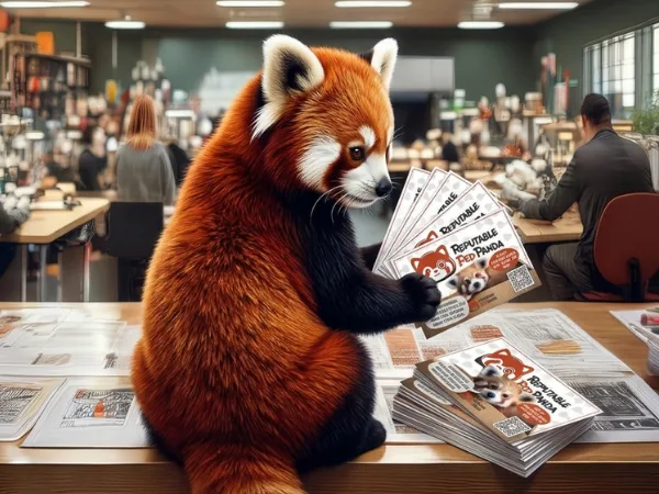 A red panda curiously examines a stack of newspapers in a cozy café