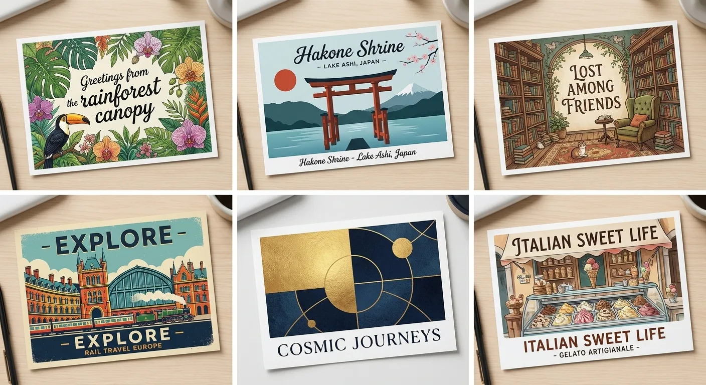 A collection of colorful postcards featuring various scenic and cultural themes