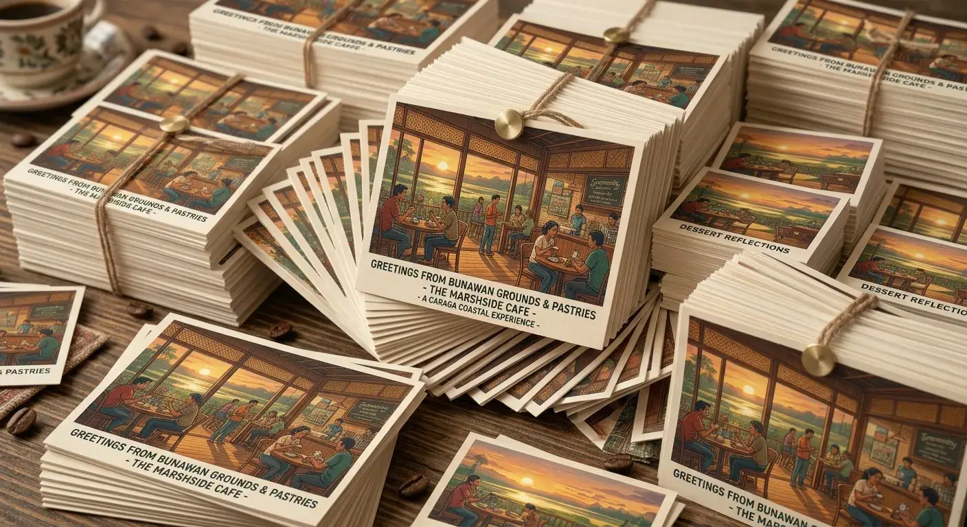 Stacks of postcard-like prints are arranged neatly on a wooden table