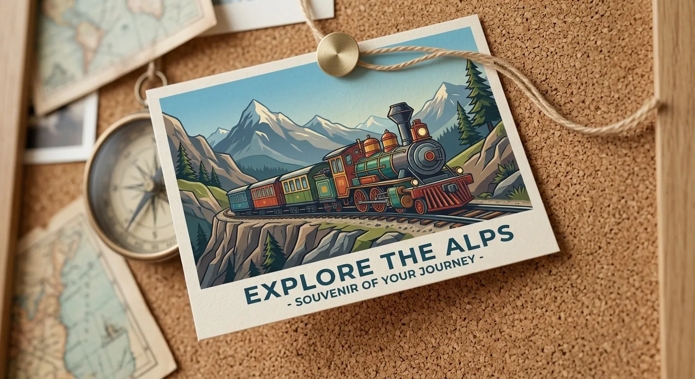A vintage train travels through mountainous terrain, promoting an alpine adventure